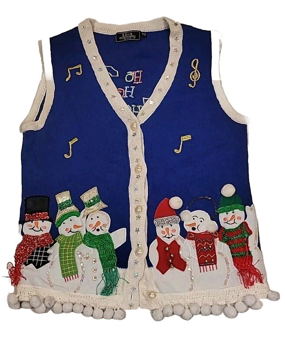 Lisa international Christmas Snowman Vest Christmas Pom Pom Petite Small